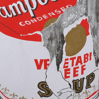 Close-up of Andy Warhol Campbell’s Soup Can ceramic mug showing expressive torn soup can artwork, pop art style