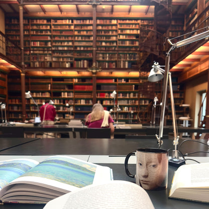 Petrus Christus ceramic mug filled with coffee, featuring Portrait of a Young Lady, museum-quality gift for art and history lovers