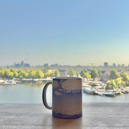 Ferdinand Hodler ceramic mug filled with coffee, featuring “Lake Geneva Seen from Chexbres” artwork, museum-quality gift for art lovers