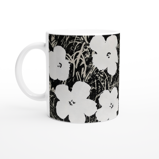 Flowers by Andy Warhold contemporary art black and white on a ceramic mug  