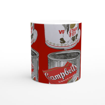 Andy Warhol Campbell’s Soup Can mug, museum-quality ceramic, featuring Big Torn soup can design, pop art 1960s