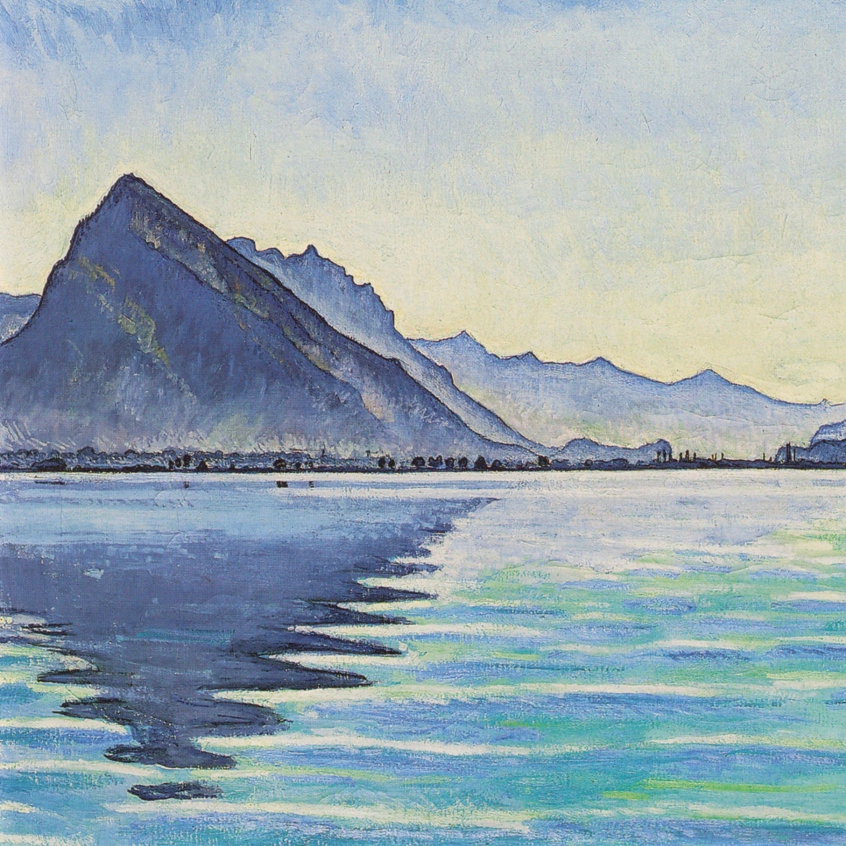Close-up of Ferdinand Hodler ceramic mug showing detailed Swiss lake and mountain landscape from Lake Thun: Symmetric Reflection